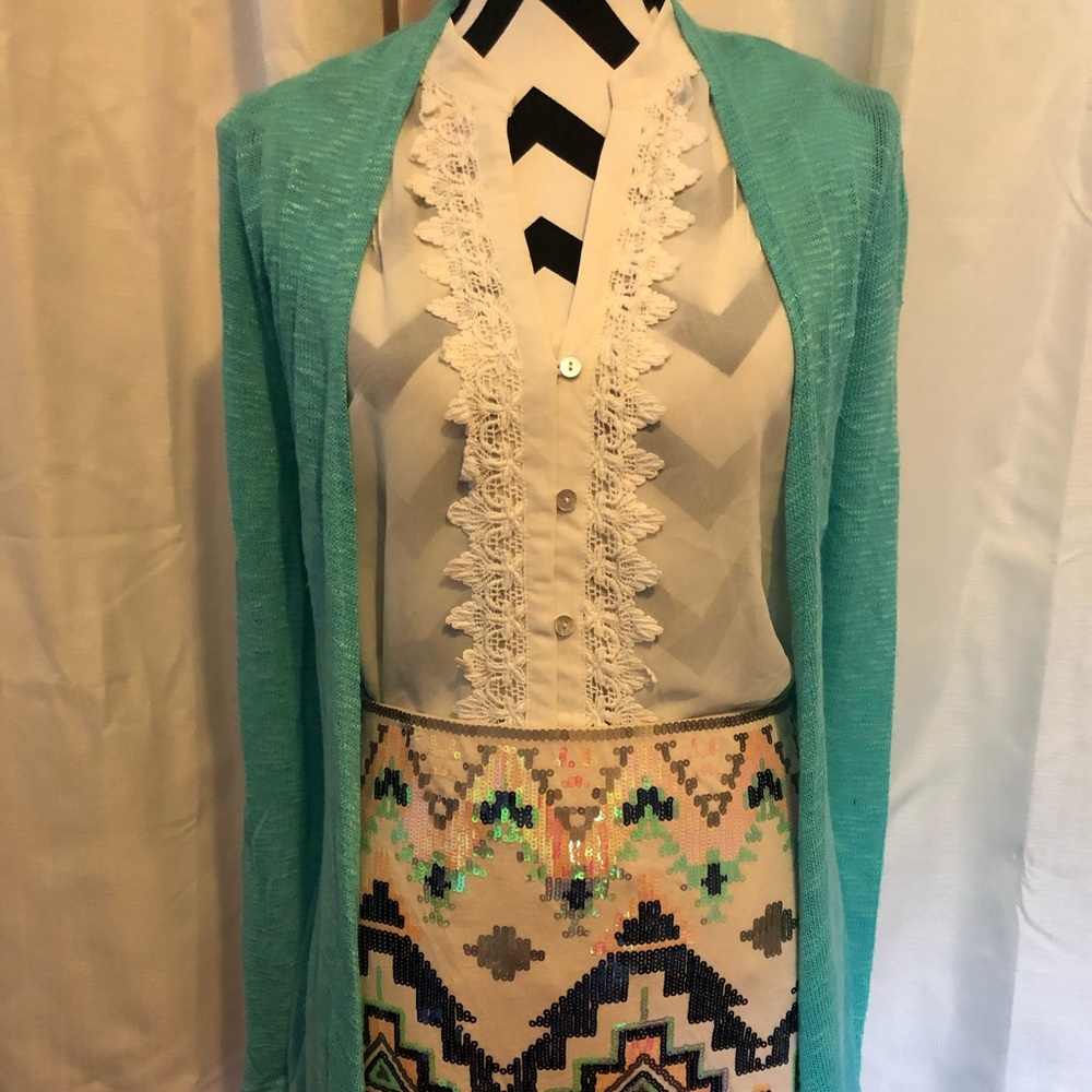 Turquoise open front sweater